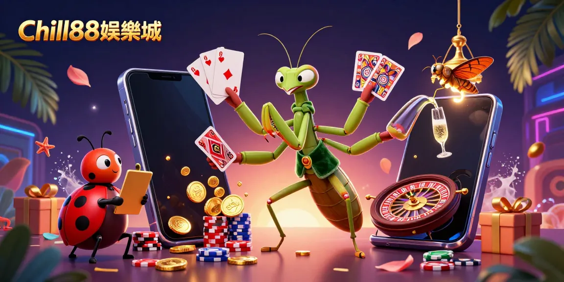 Chill88娛樂城的豐富多元遊戲體驗，巨型螳螂發牌及金花蟻經理在華麗場景中。