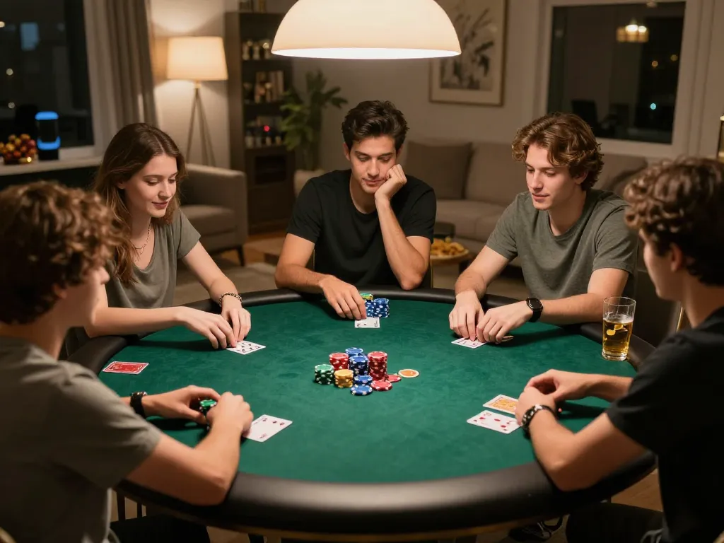 F8BET players engaged in a strategic poker game at home, showcasing relaxed yet competitive gameplay.