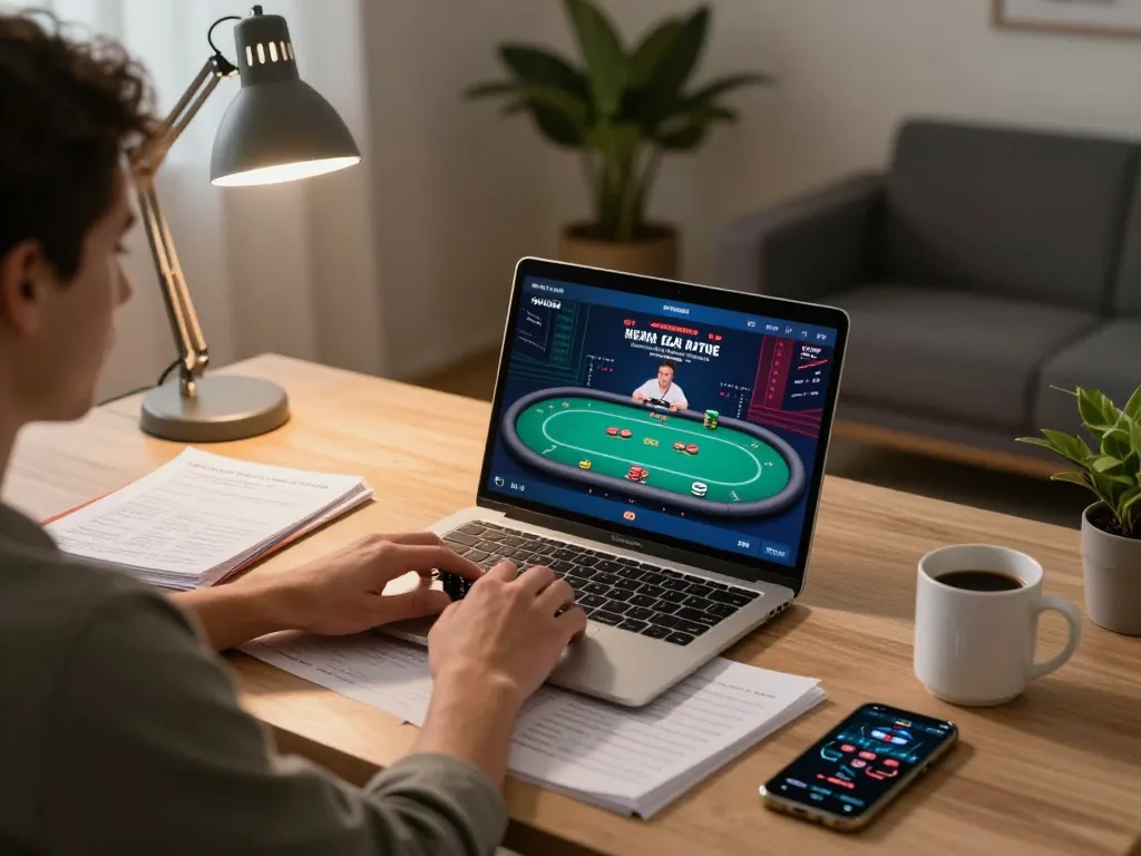 Play online poker on dinamit4d platform with strategic gameplay displayed on laptop screen