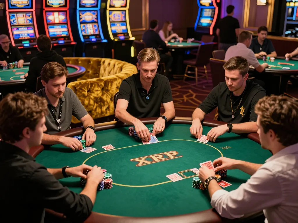XRP casino scene showcasing players engaged in high-stakes poker action, dealer shuffling cards.