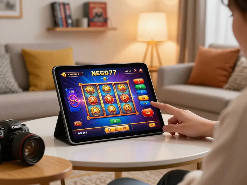 Engaging player using NEGO77 online casino app on tablet in cozy home setup.