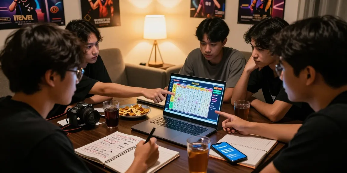 Teman berkumpul di ruang tamu menganalisis Togel Pasaran Terbaru di https://honda555.net/, menunjukkan tips dan strategi.