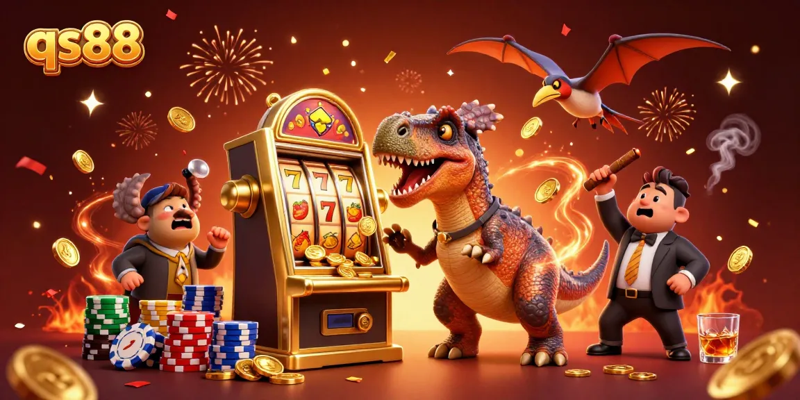 qs88 showcases a cartoon dinosaur headbutting a slots machine for jackpot coins