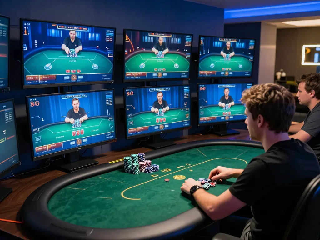 bcx88 player strategizing in professional online poker setup with multiple screens showing gameplay