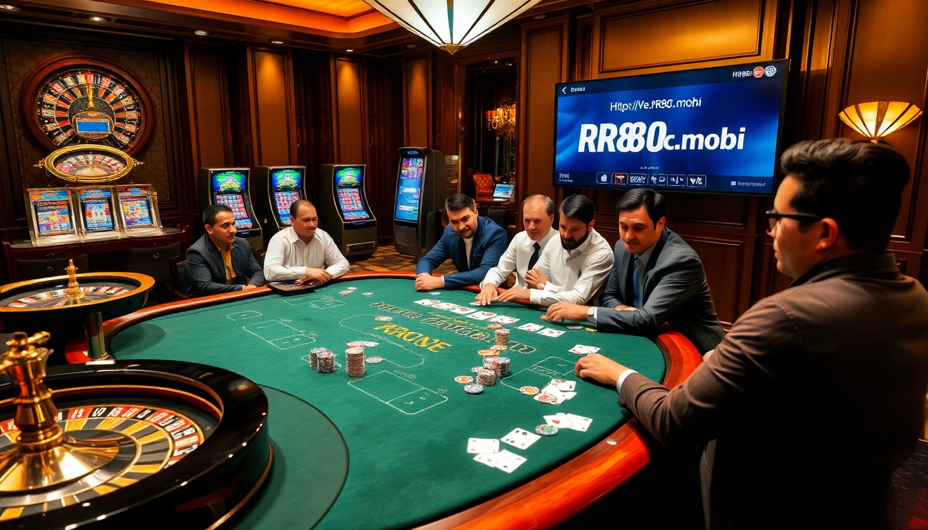 Exciting casino scene with vibrant poker action and website https://rr88c.mobi/ displayed prominently.