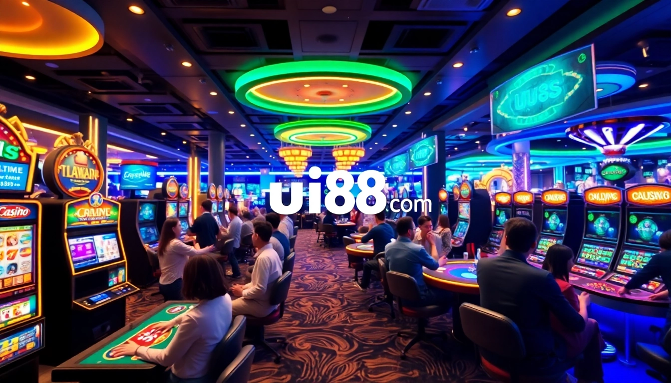 Exciting online gaming experience at uu88 com casino with vibrant players and gaming tables.