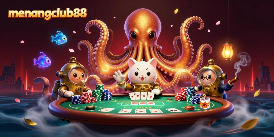 Experience winning thrills at menangclub88 with a kraken, diving cat, and poker scene.
