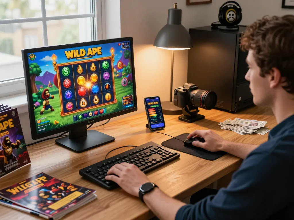 Engaging online gaming scene showcasing a player enjoying Wild Ape slots on desktop, representing agen terpercaya.
