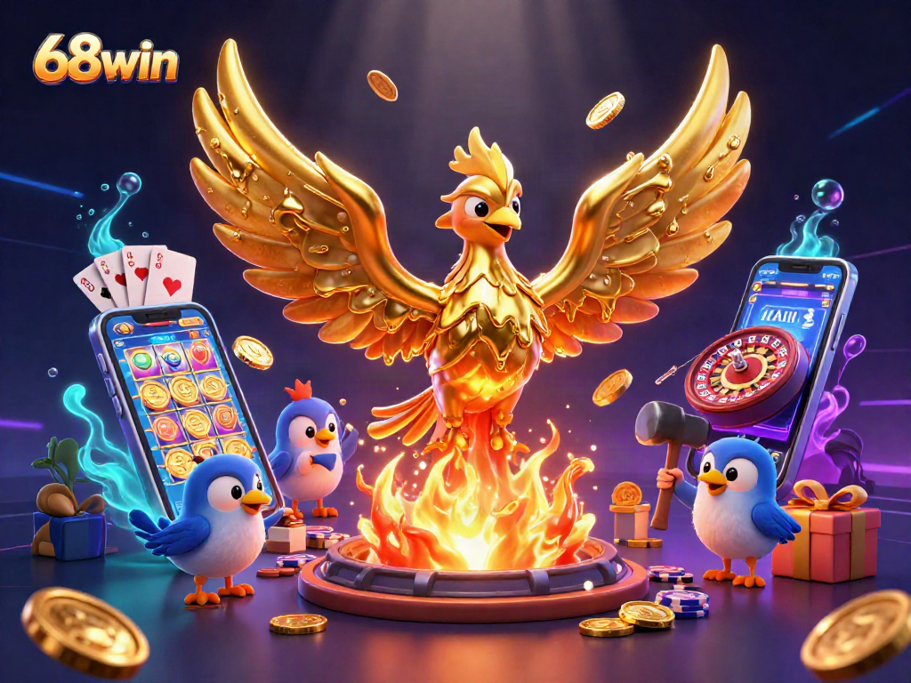 Engage with exciting 68win casino experiences as a golden phoenix emerges, showcasing vibrant gaming elements.