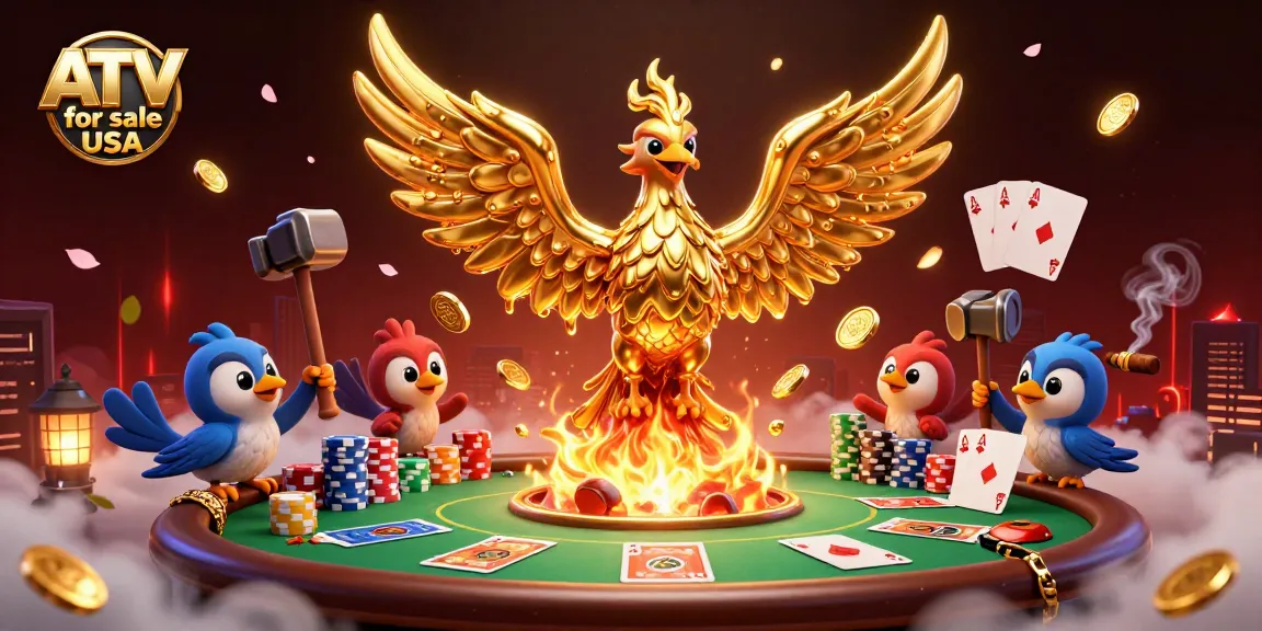 Experience the thrill of winning with ATV for sale USA, featuring a golden phoenix and poker elements.