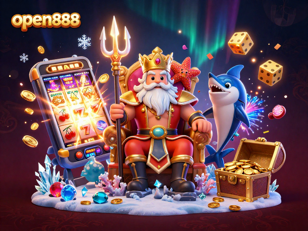 Explore the open888 world with Neptune and exciting jackpot game elements in a vibrant scene.