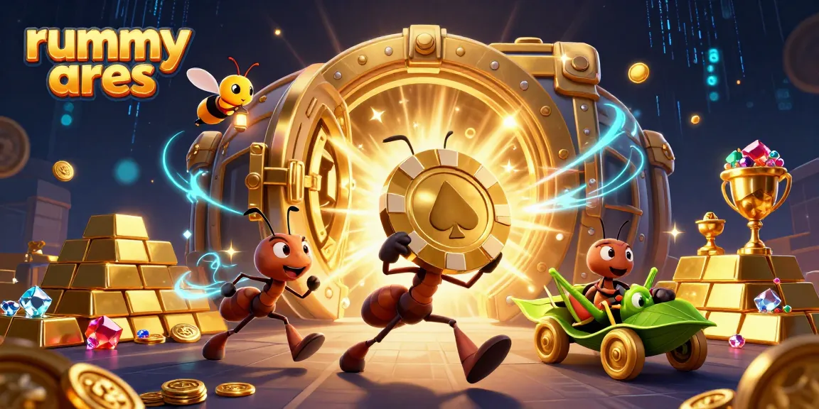 Engage with rummy ares through a dynamic illustration of playful ants on a thrilling heist adventure.