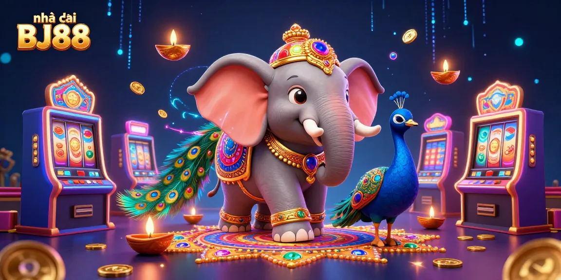 Engage with Nhà cái BJ88, featuring vibrant 3D casino elements and vibrant characters highlighting the exciting online gambling experience.