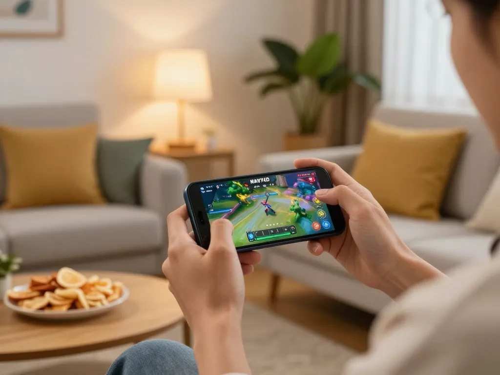 Pengguna NAVY4D menikmati permainan mobile di smartphone mereka di ruang tamu yang nyaman.