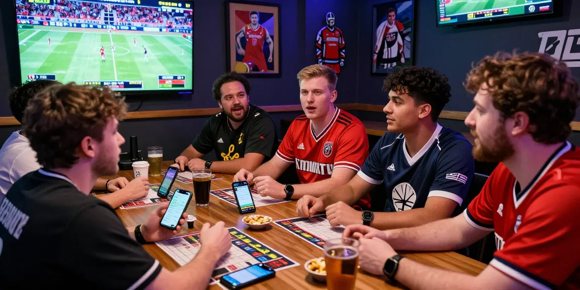 Friends engaged in lively sports betting discussions in a gaming lounge while exploring SANTETTOTO odds and game strategies.