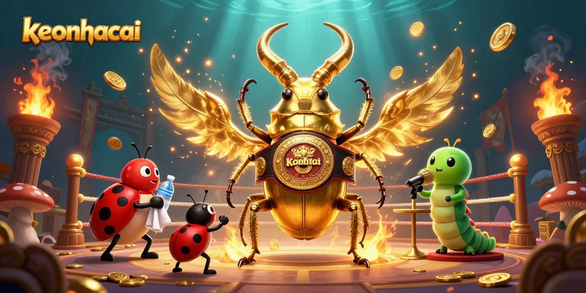 Engage with keonhacai through an exciting 3D casino-themed boxing match featuring a golden stag beetle in a champion belt.