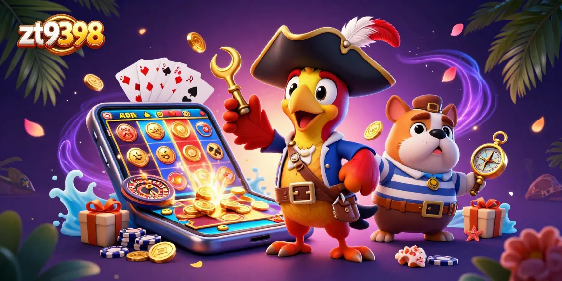 Engage with exciting games at zt9398, featuring a vibrant casino adventure with colorful slot reels and characters.