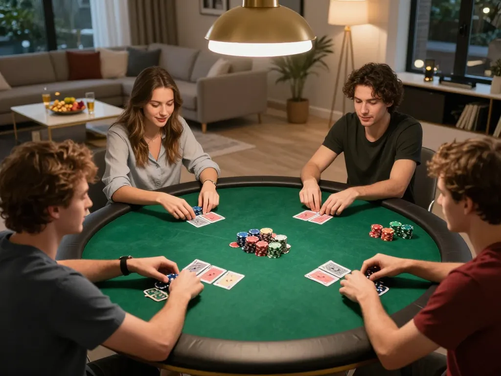 B sport players strategizing in a lively home poker game setting, showcasing chips and cards.