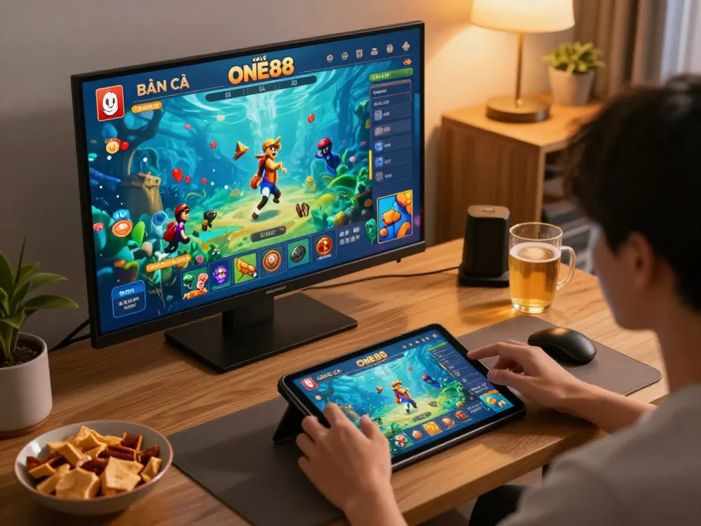 BẮN CÁ ONE88 gameplay on a tablet showcasing exciting underwater adventures and vibrant graphics.