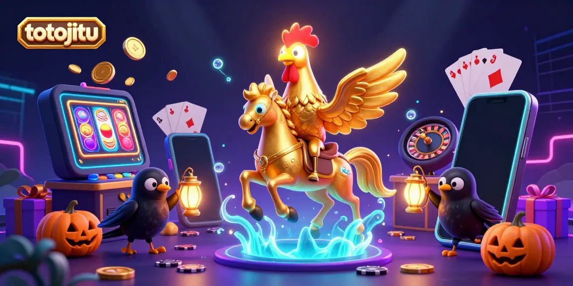 Totojitu features a golden rooster riding a spectral horse in a lively casino scene.