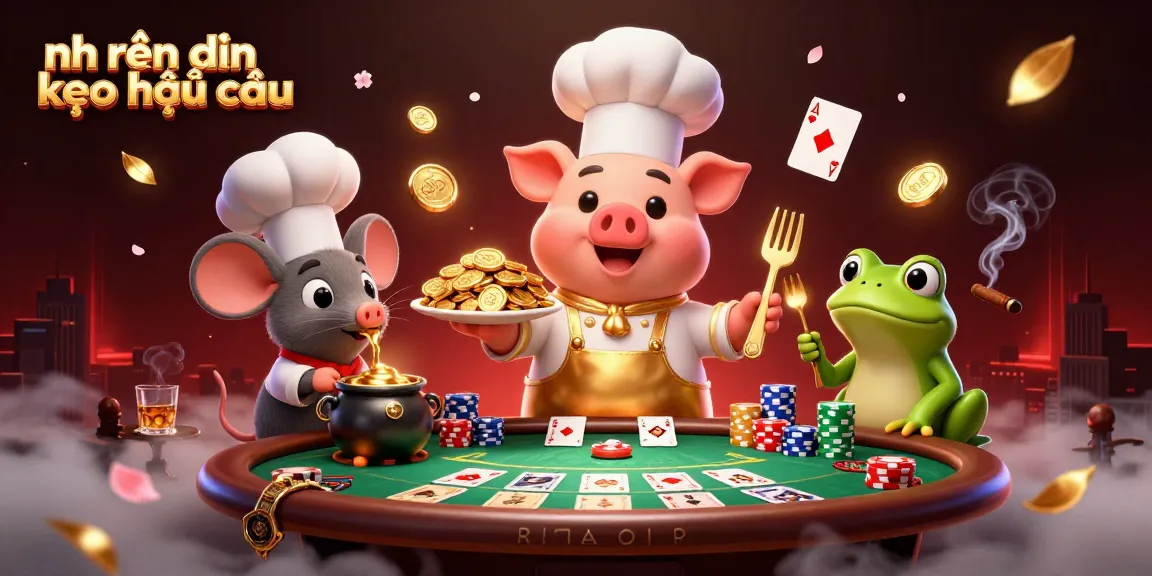 Engaging illustration showcasing nhận định kèo nhà cái with cartoon characters in a lively casino setting, featuring gold coins and poker elements.