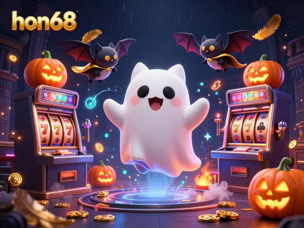 Engage in thrilling gaming at hon68, featuring a ghost cat and bat in an exciting casino scene.