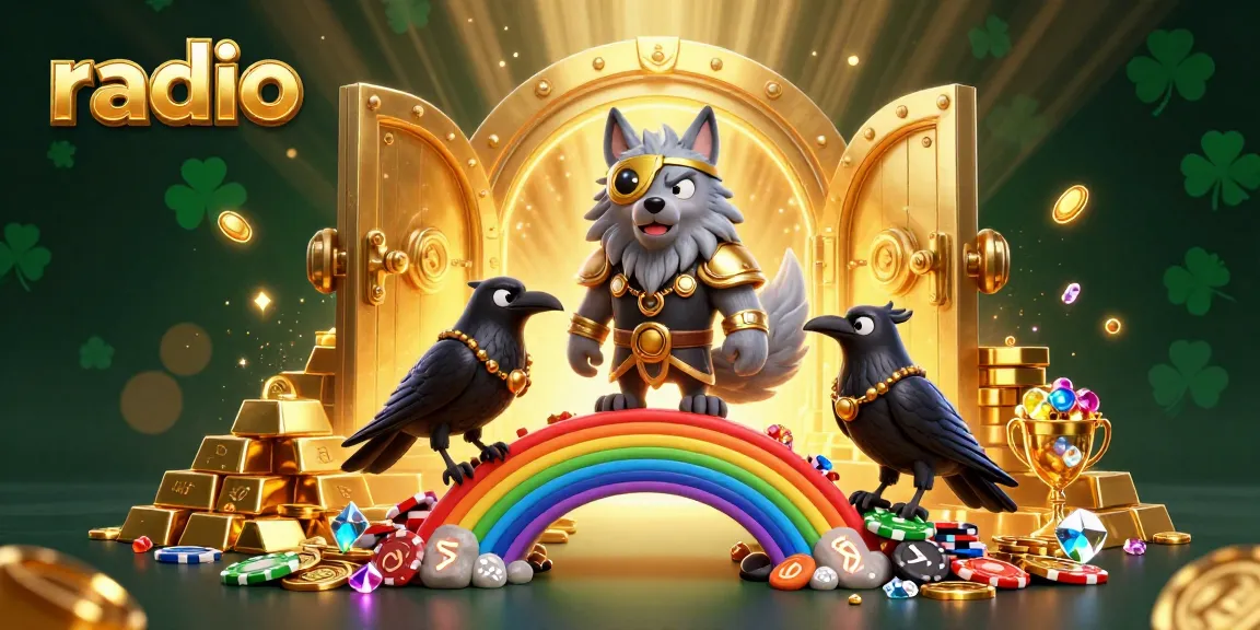 Experience the excitement at WIN79 Radio with Odin, his ravens, and treasure in this dynamic casino illustration.