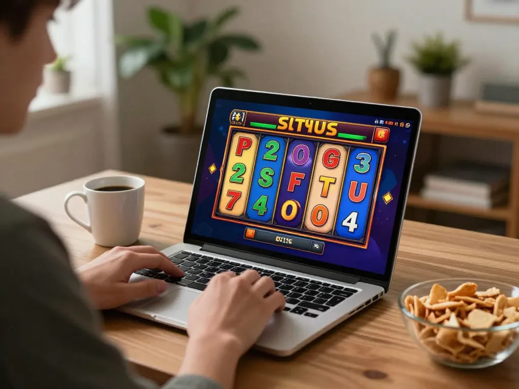 Situs slot player enjoying a home gaming session with vibrant reels on display