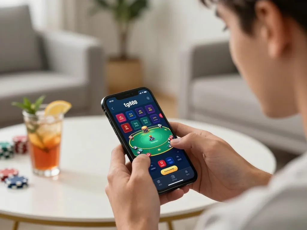 Player immersed in gaming with the tg88 app showcasing intense focus and vibrant UI in cozy setting.