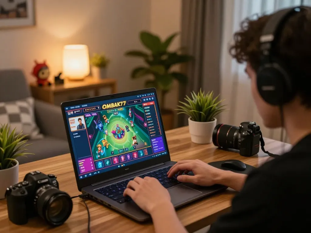 Orang yang terlibat dalam pengalaman permainan online OMBAK77 di rumah, layar laptop menampilkan antarmuka permainan yang cerah.