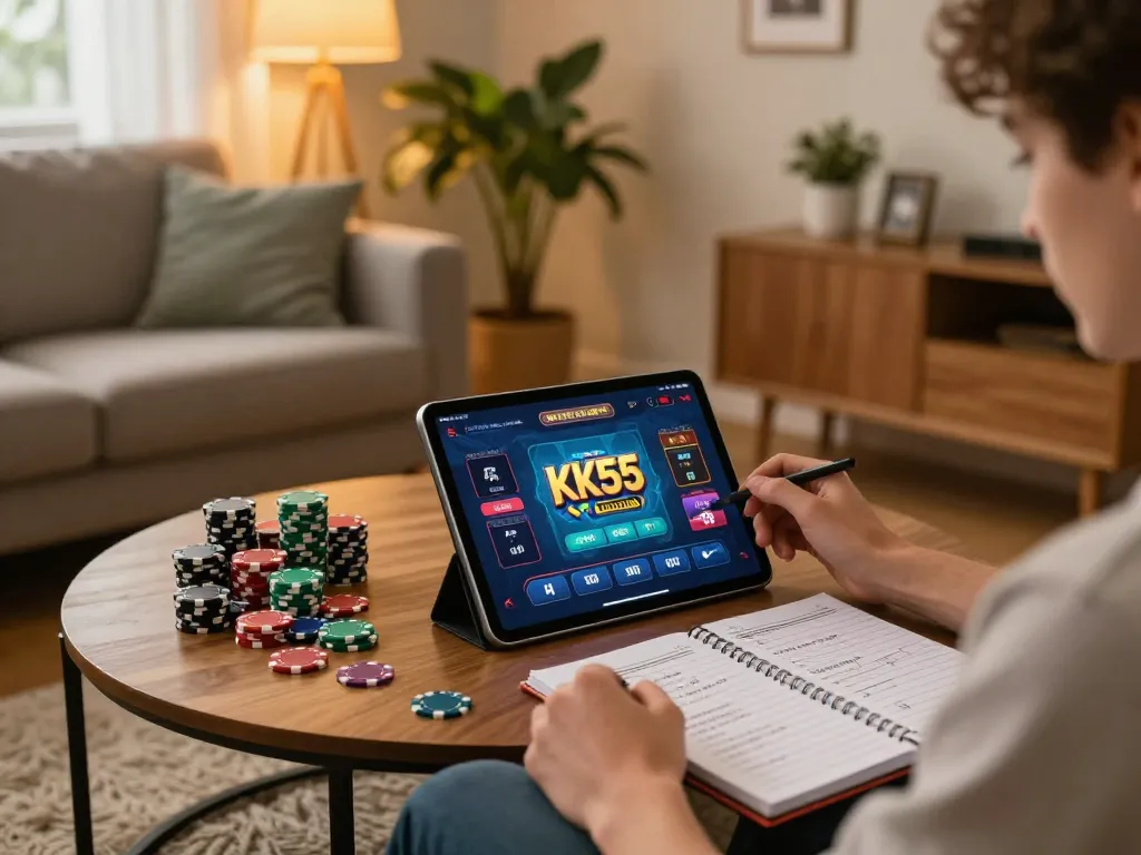 Engaging with the KK55 casino app in a cozy home setting, showcasing strategic gameplay.