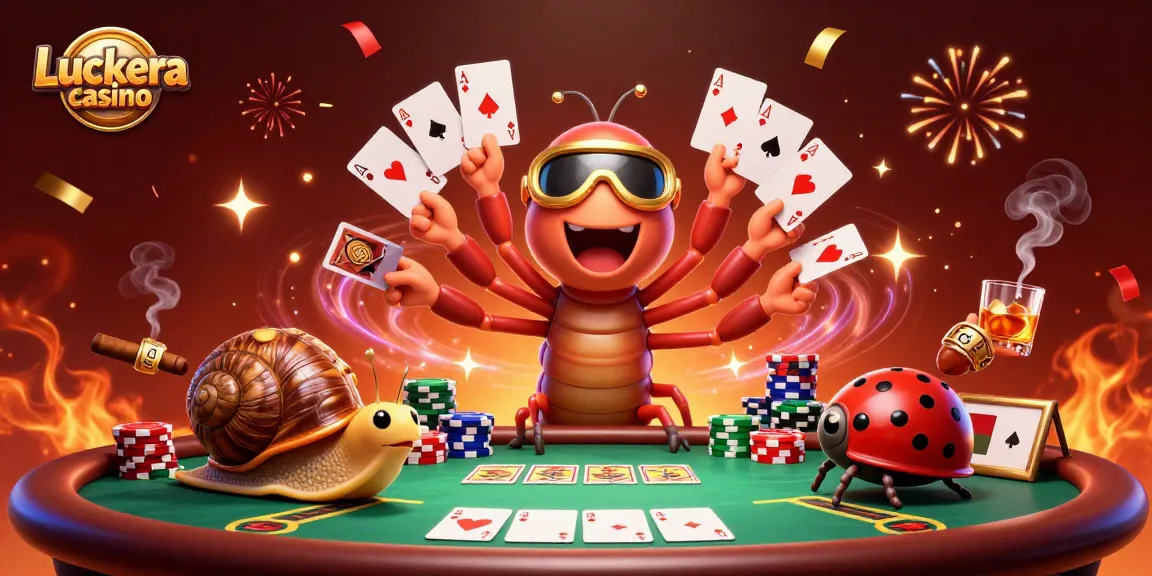 Experience the excitement at Luckera casino with animated characters around a vibrant poker table.