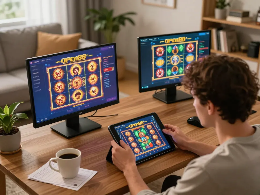 Engaging with thrilling slot games on open88 com during an online gaming session from home.