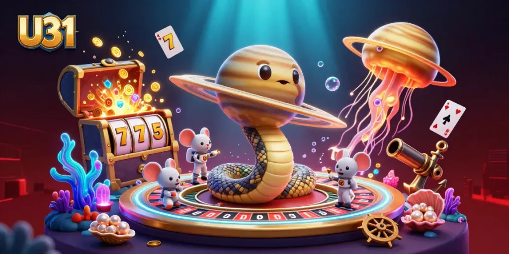 Experience thrilling U31 casino gaming with dynamic characters and vibrant slot elements.