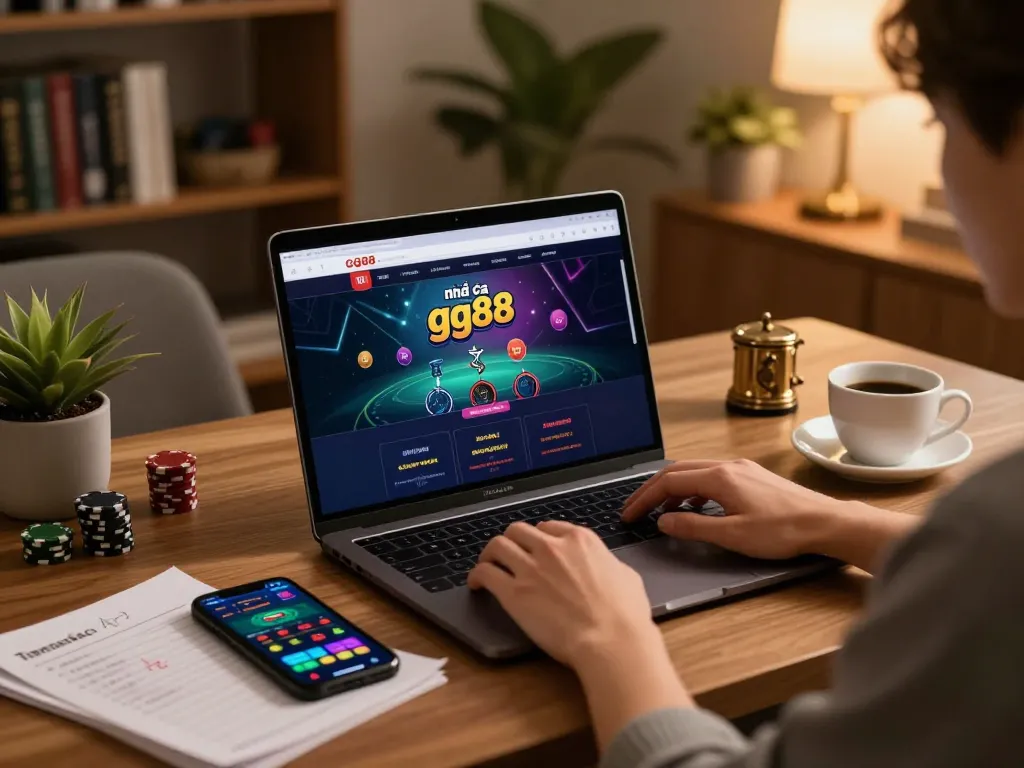 Engaging with nhà cái gg88 at home, cozy setting with laptop and betting notes.