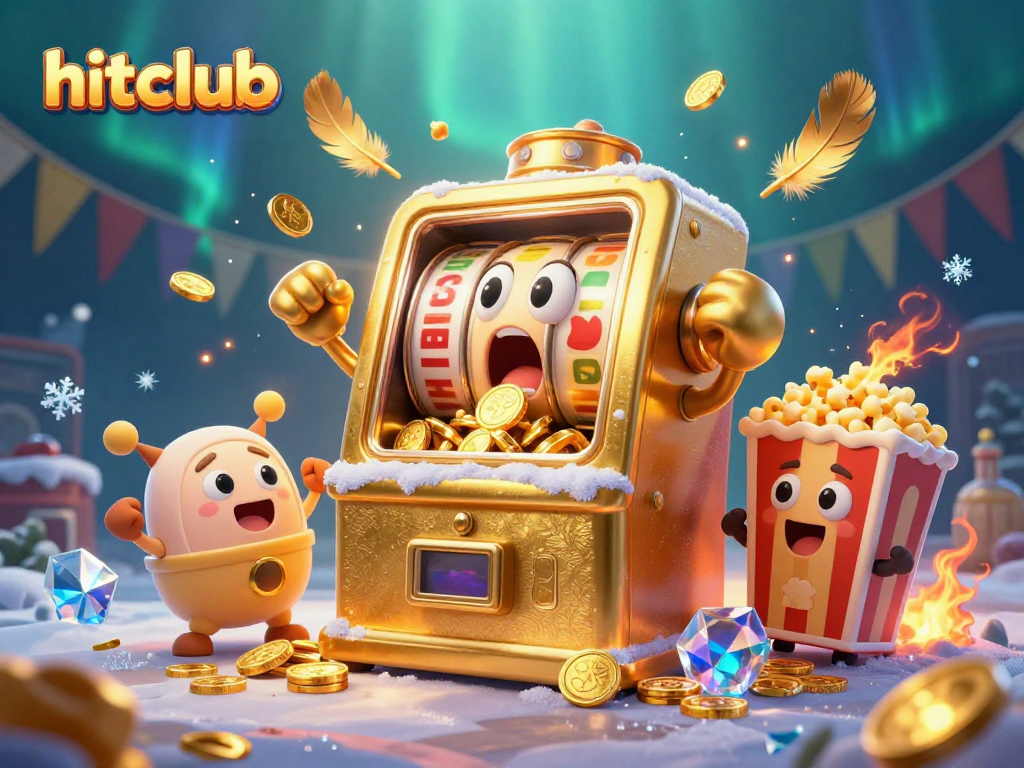 Hitclub slot machine animation with a golden jackpot pouring coins, vibrant cartoon style illustration.