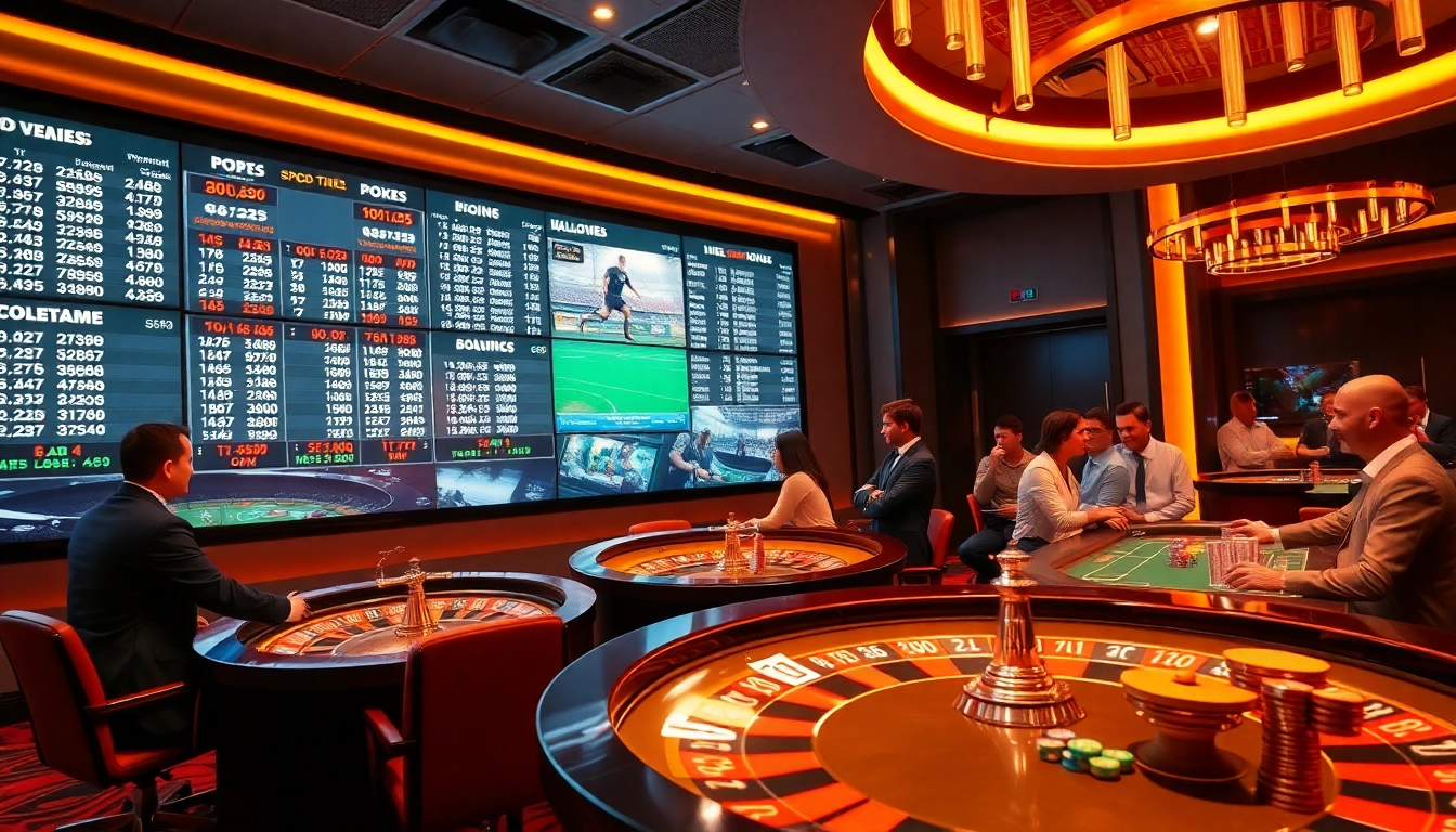 Tỷ lệ kèo bóng đá highlighted in an exciting casino sports betting environment with enthusiastic players.