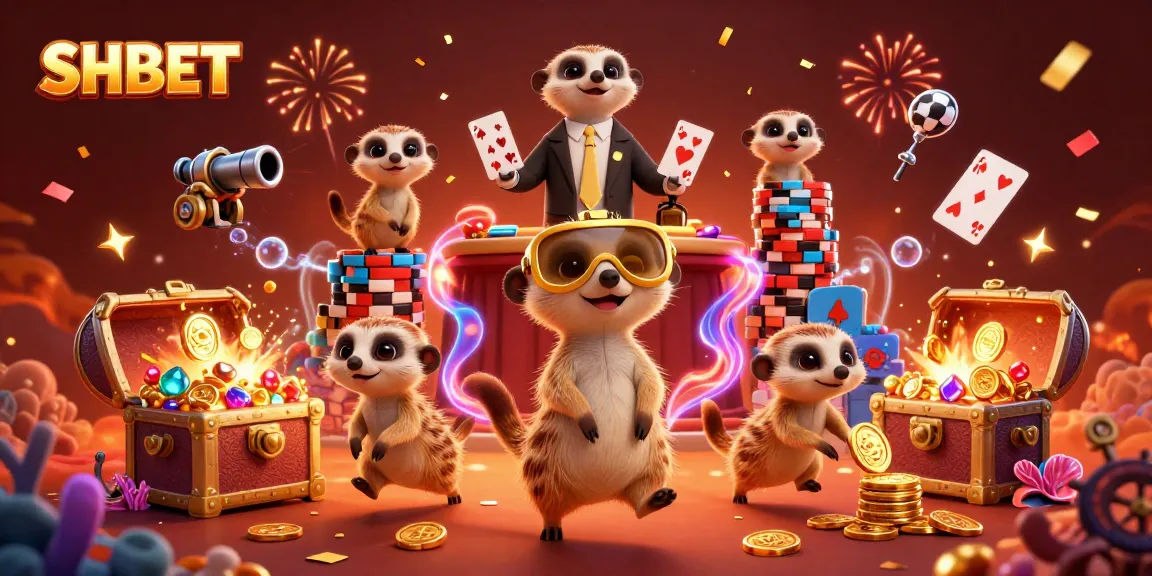 Immerse yourself in SHBET's vibrant casino scene featuring meerkats running games and sneaking chips in an underwater treasure extravaganza.