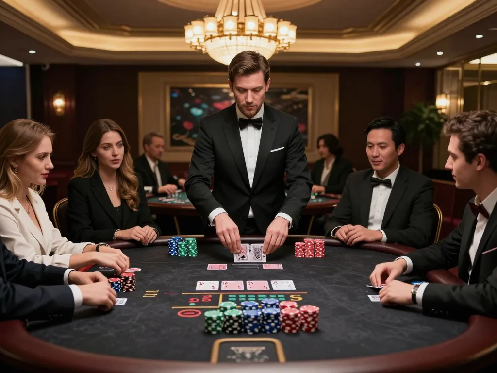 Pemain terlibat dalam strategi blackjack yang intens di meja kasino AMAN788 di bawah pencahayaan yang elegan.