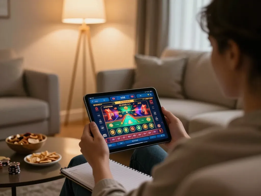 Engaging with online usa casinos on a tablet in a cozy home setting