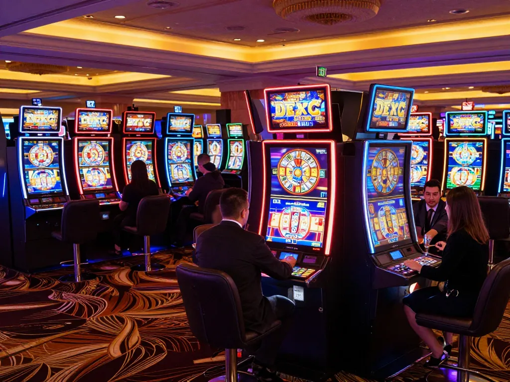 Players enjoy vibrant slot machines at a luxury casino floor while searching for revjeffhood strategies.