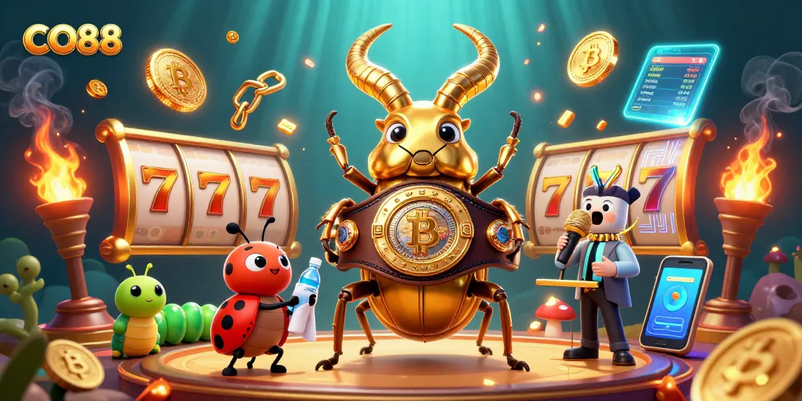 Engage in CO88 thrilling slots with a golden champion beetle, ladybug assistant, and vibrant game elements.