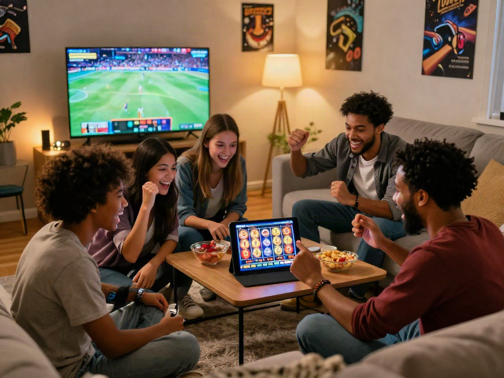 Friends enjoying a slot online game in a cozy living room, capturing excitement and camaraderie.
