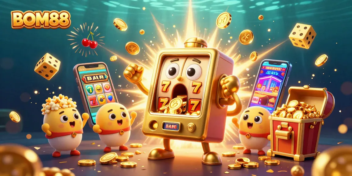 BOM88 offers thrilling jackpot excitement with a stunning golden slot machine and festive game elements.