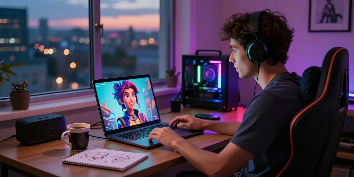Engaging user interacting with NSFW AI character on laptop in cozy workspace.