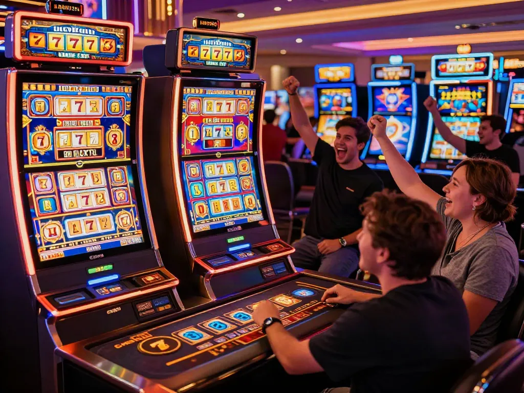 Players enjoying the Lucky777 casino experience with vibrant slot machines and celebratory ambiance.