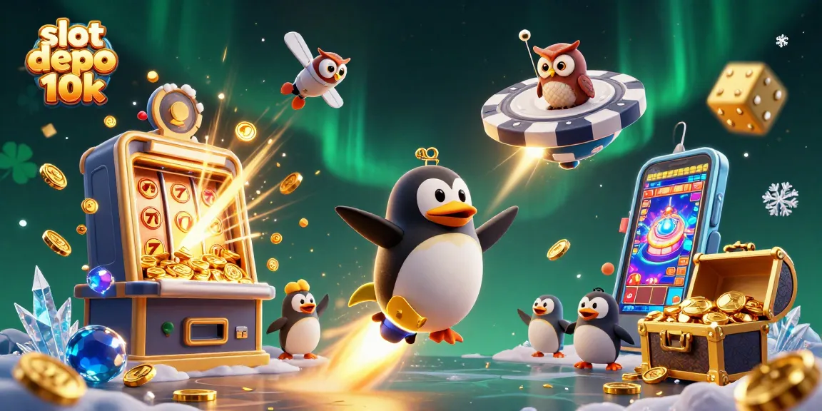 Spin and win at slot depo 10k with vibrant penguin scene full of jackpots and casino excitement.