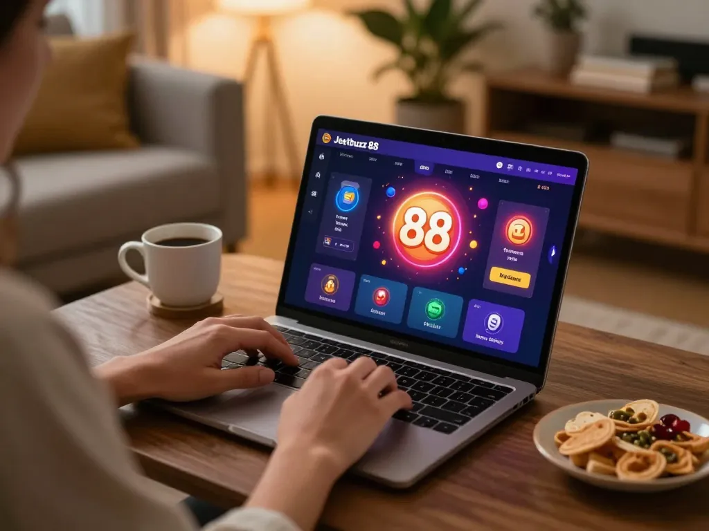 Person playing Jeetbuzz 88 online casino on a laptop, enjoying a cozy gaming atmosphere.
