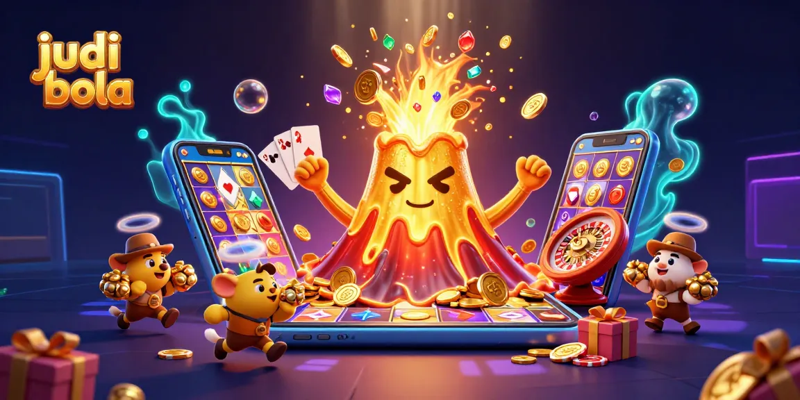 Engage in judi bola with thrilling visuals of treasure erupting from a 3D volcano, featuring vibrant casino elements.