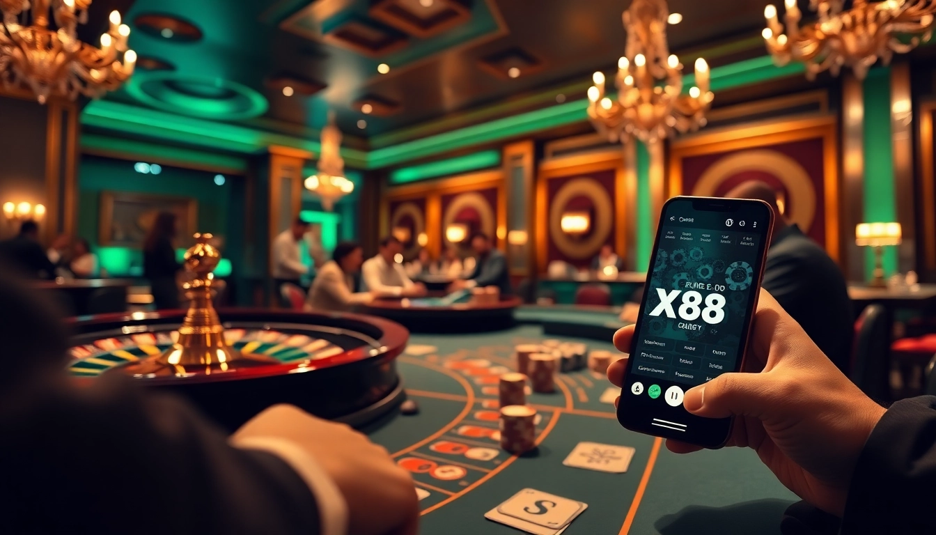 Immersive casino experience showcasing xx88 com's high-stakes atmosphere with poker and roulette.
